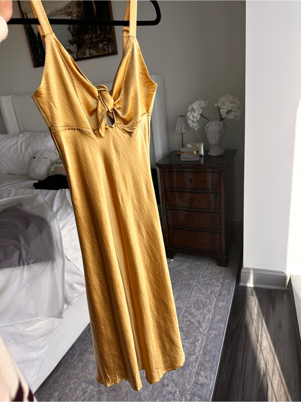 Selfie Leslie Golden Yellow Midi Slip Dress with Front Tie